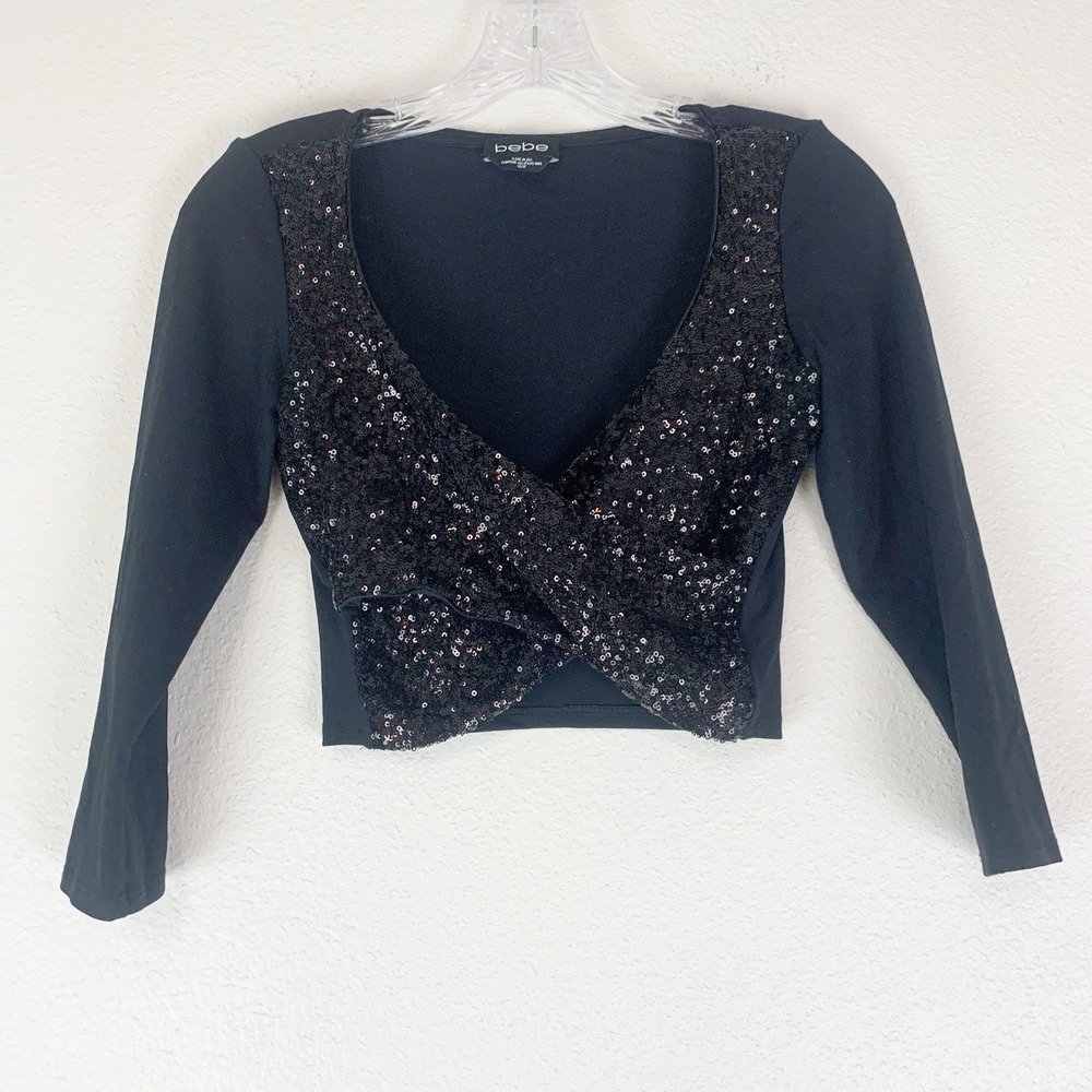 BEBE  Sequin Crop Top Size X-SMALL Glam NYE Date Night Party Club Faux Wrap‎